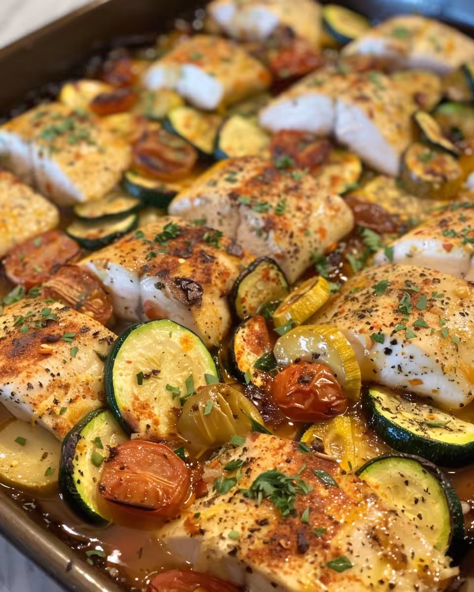Fresh ingredients for Mediterranean chicken zucchini bake including feta, cherry tomatoes, and zucchini slices