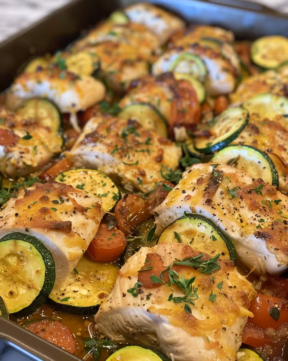 Close-up of finished Mediterranean chicken zucchini bake with melted feta and cherry tomatoes