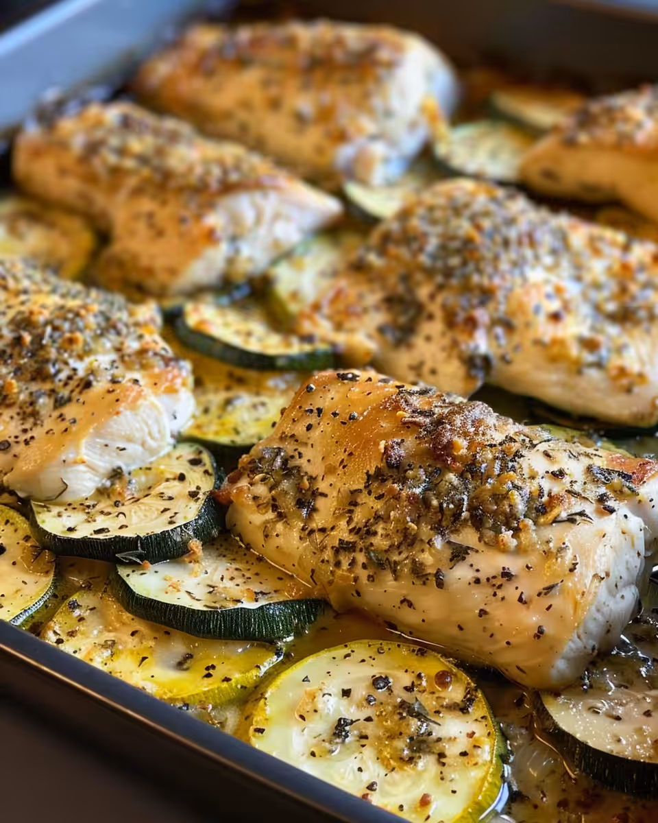 Golden baked Mediterranean chicken zucchini casserole served in dish