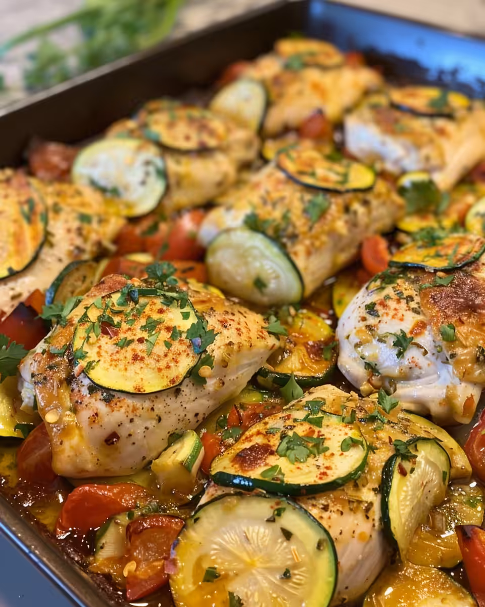 Mediterranean chicken zucchini bake simmering in the pressure cooker, steam escaping from the pot