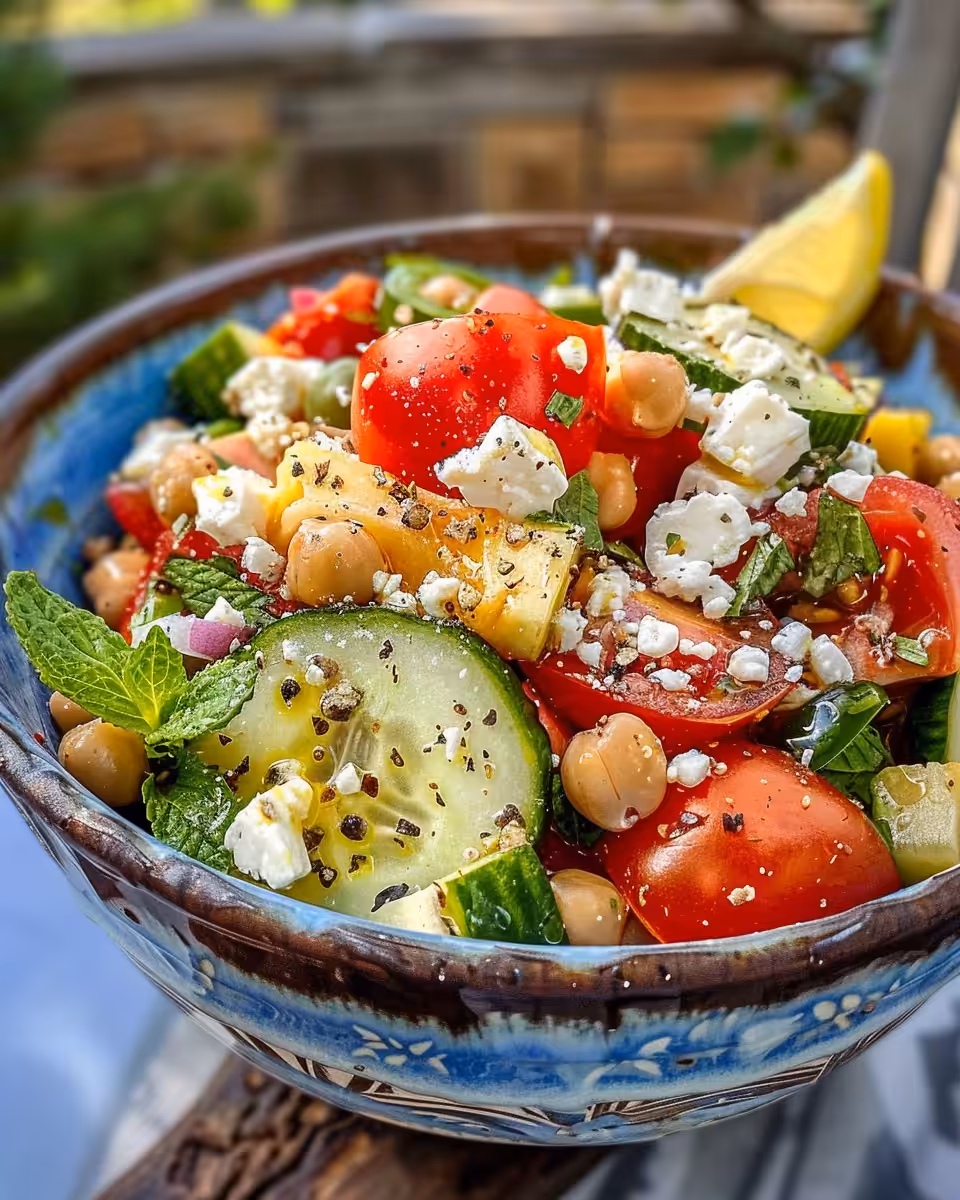 Freshly tossed Mediterranean chickpea salad ready to serve