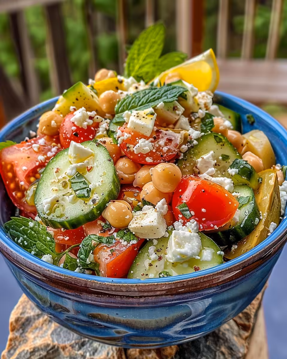 Fresh Mediterranean chickpea feta salad in pressure cooker