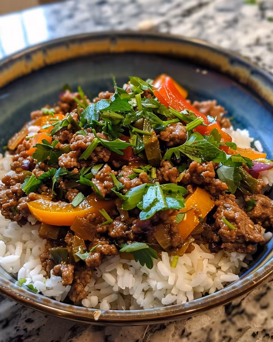 Ingredients laid out for Mediterranean ground beef stir fry including vegetables and spices