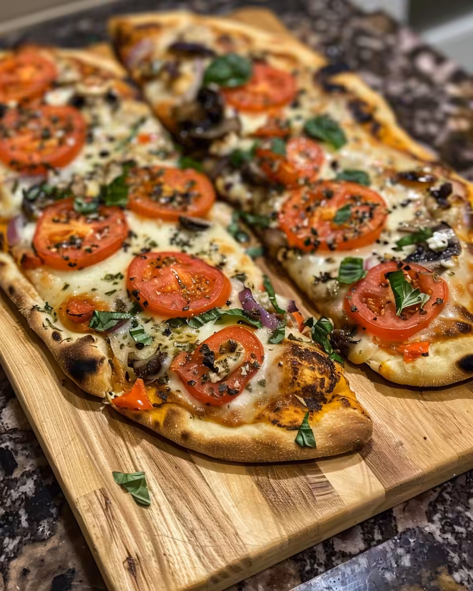 Finished Mediterranean flatbread pizza with fresh basil served hot