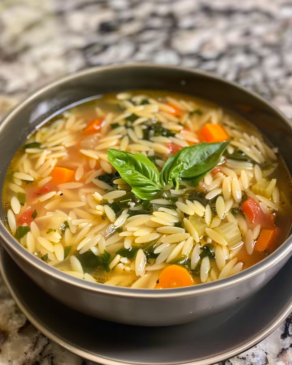 Final serving of cozy Mediterranean lemon orzo soup with fresh herbs and chickpeas