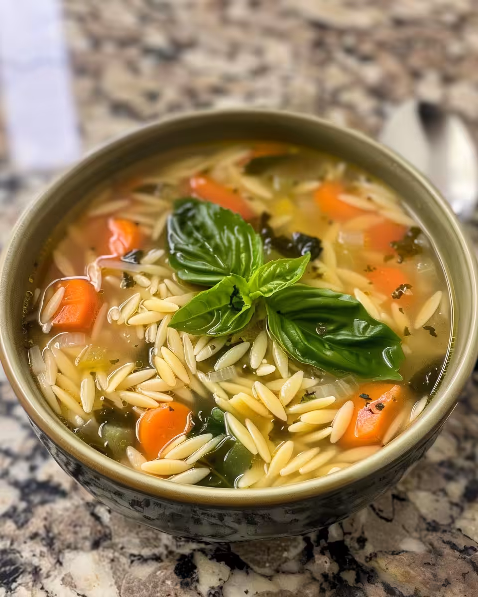 Close-up of Mediterranean lemon orzo soup simmering in the pressure cooker