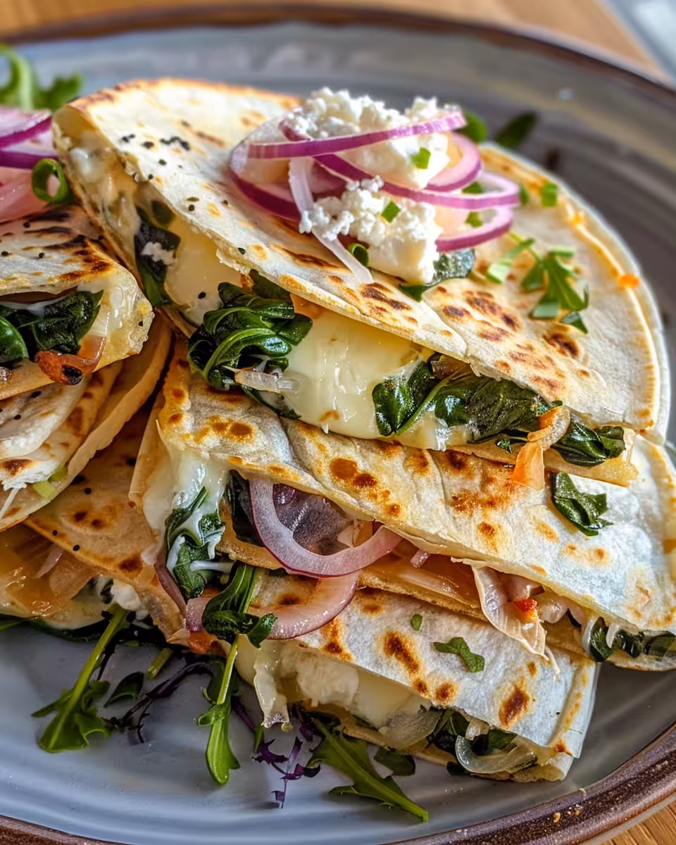 Fresh ingredients for Mediterranean quesadilla filling including spinach, cheeses, and red peppers