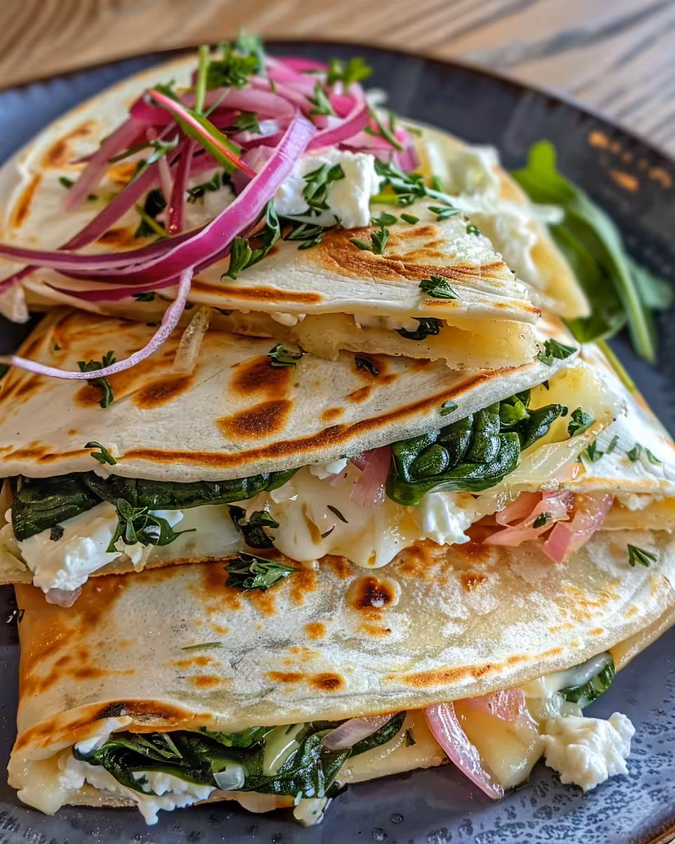 Mediterranean quesadillas with melty cheese, spinach, and olives