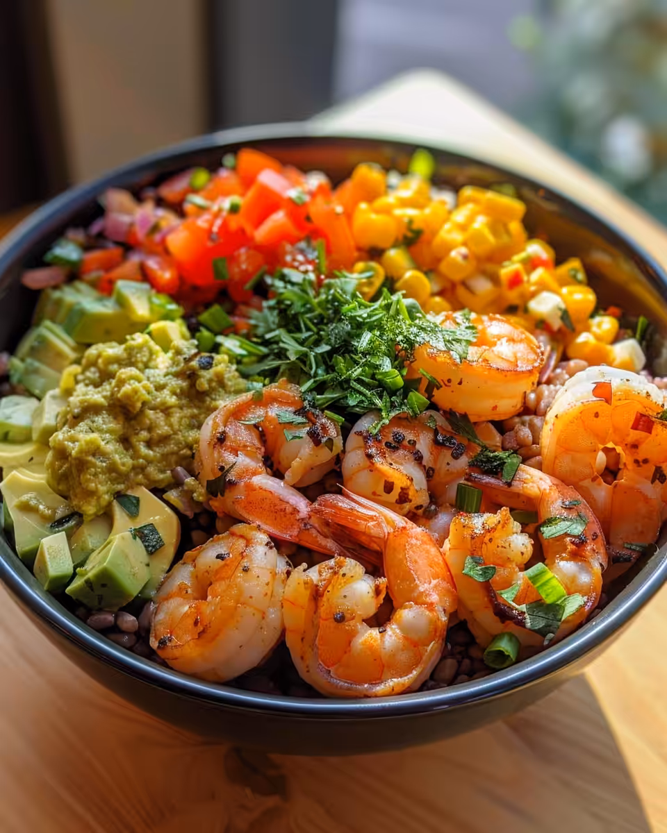 Ingredients for Mediterranean shrimp bowl including olive oil, lemon, and fresh herbs