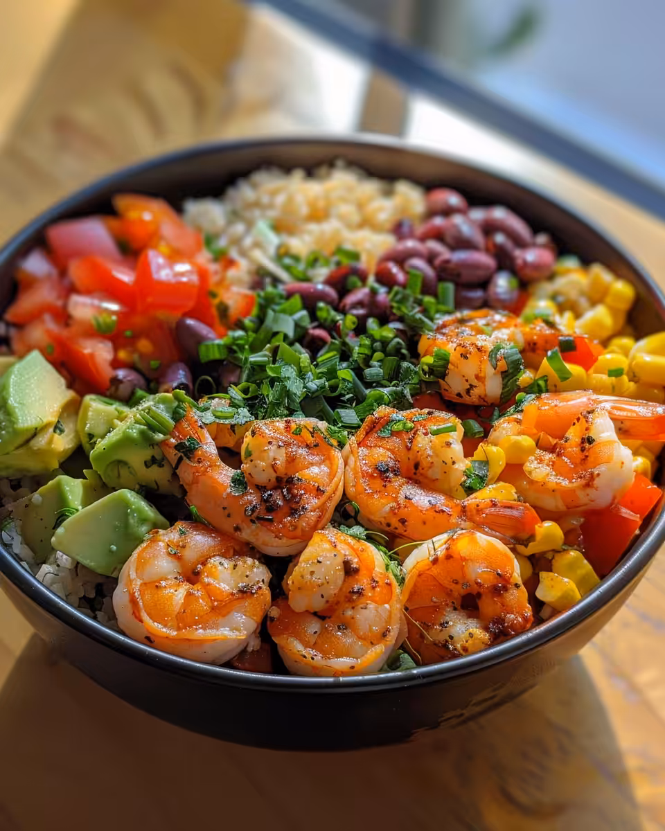 Finished Mediterranean shrimp bowl served with fresh herbs and toppings