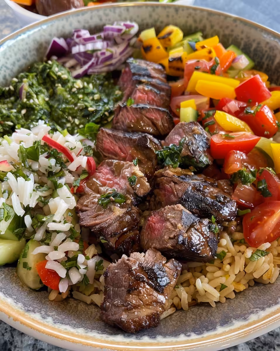 Fresh ingredients including steak, quinoa, tomatoes, and feta for Mediterranean bowl