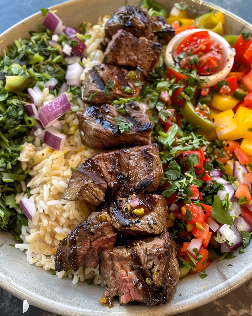 Sliced steak over quinoa bowl with creamy sauces and fresh veggies