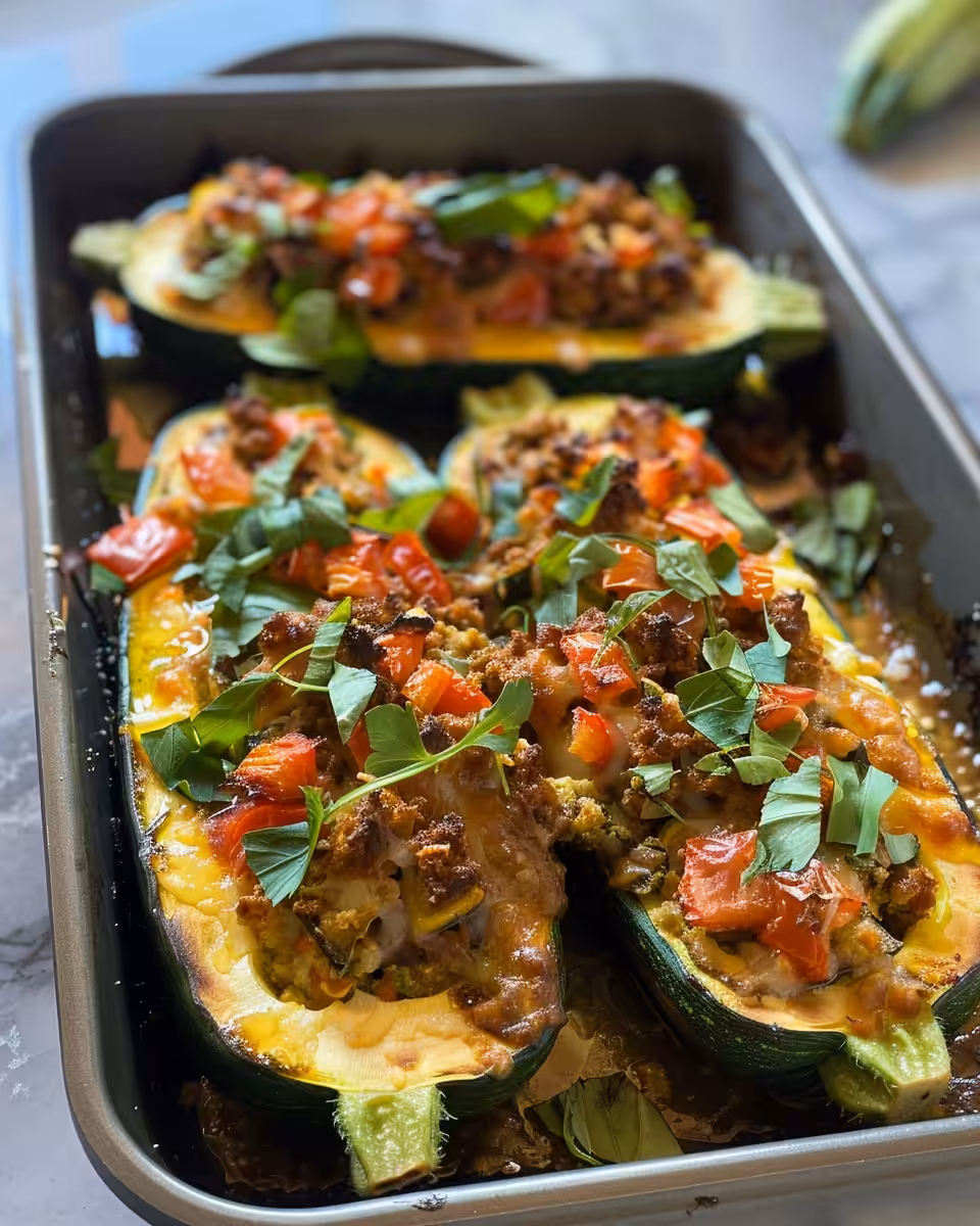 Ingredients including ground turkey sausage, fresh herbs, and bread crumbs for Mediterranean stuffed zucchini boats