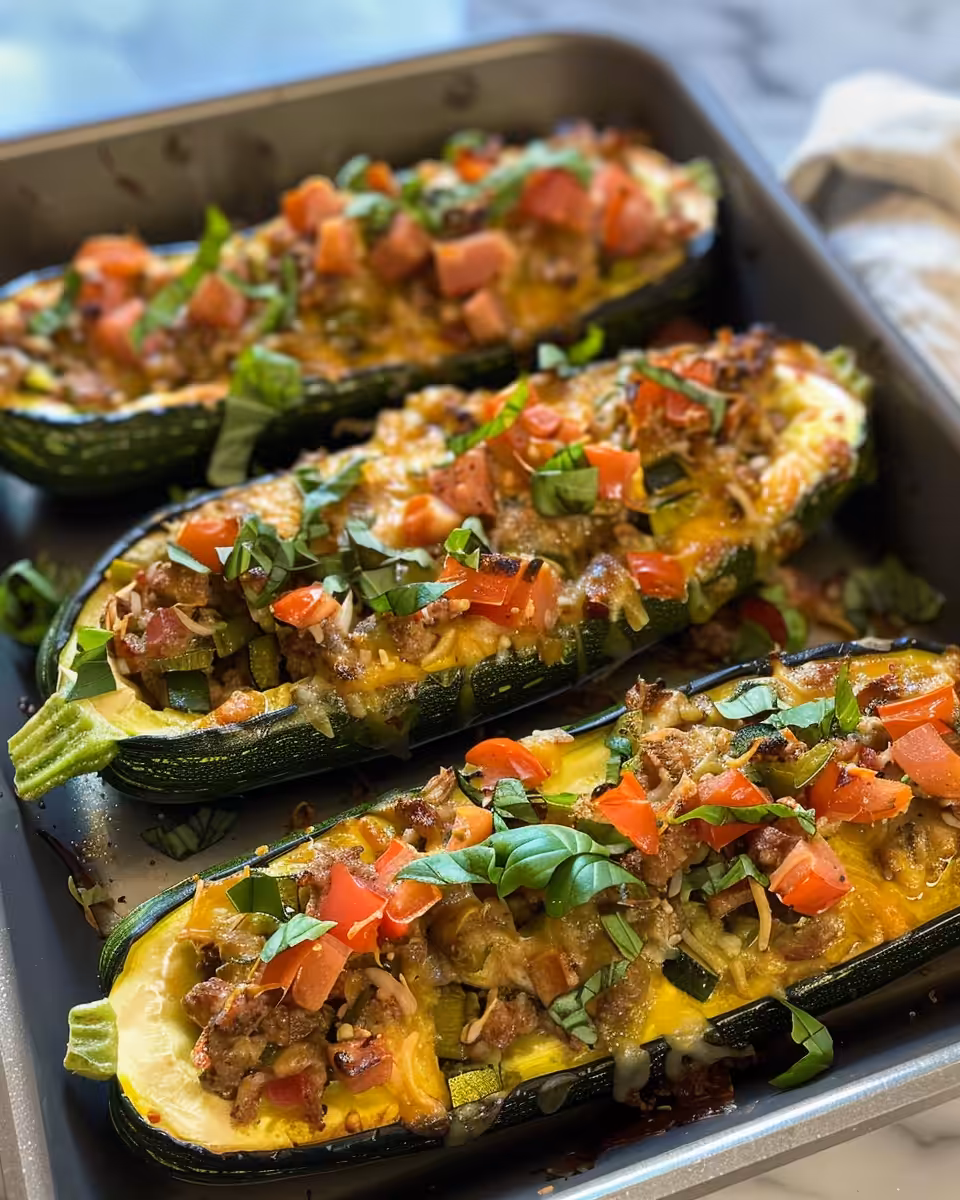 Final juicy and golden Mediterranean stuffed zucchini boats served on plate