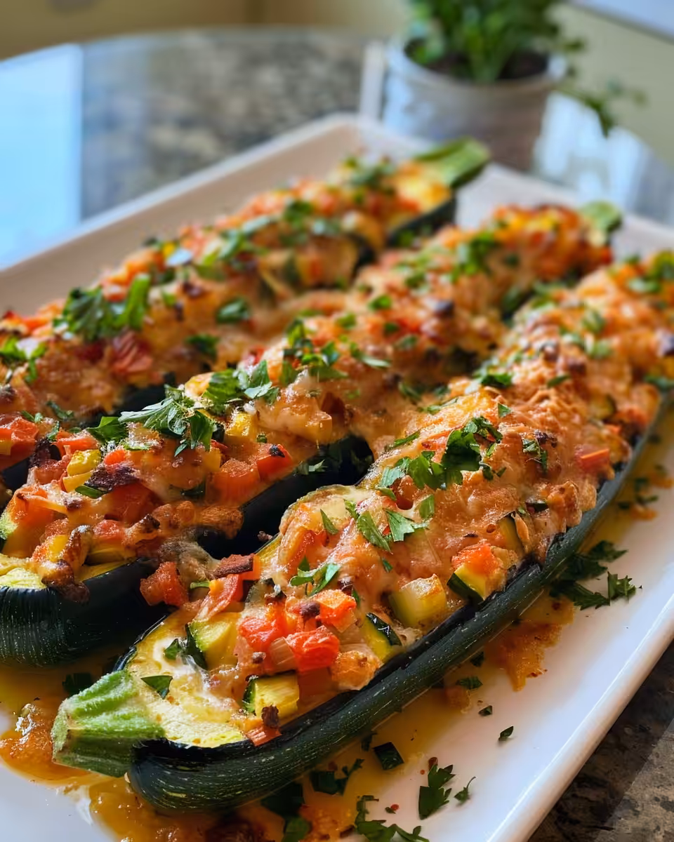 Plated Mediterranean stuffed zucchini boats ready to eat