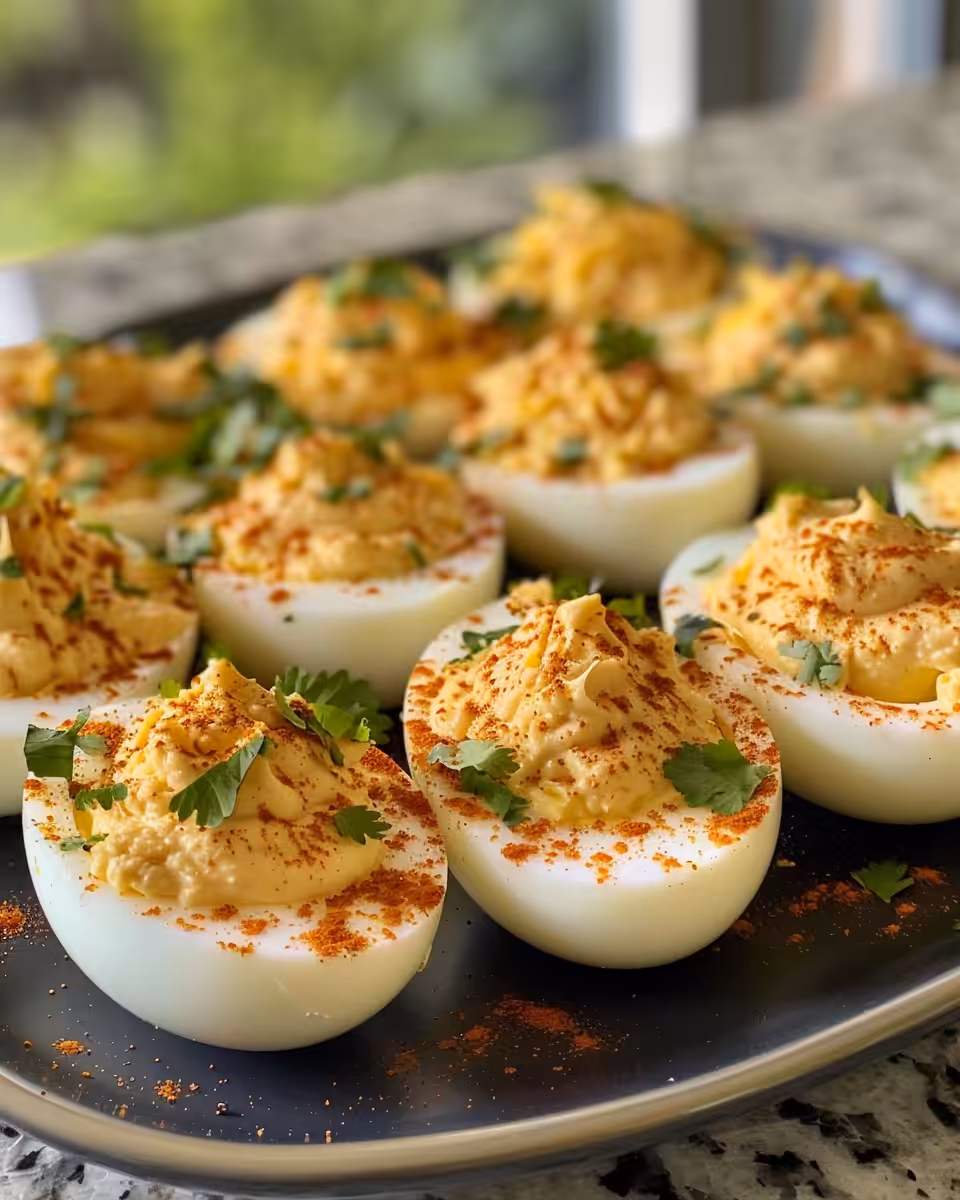 Final Mexican deviled eggs plated with grilled corn and sprinkled feta cheese