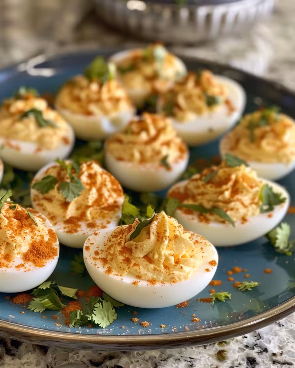 Close-up of Mexican deviled eggs cooling in pressure cooker with steam