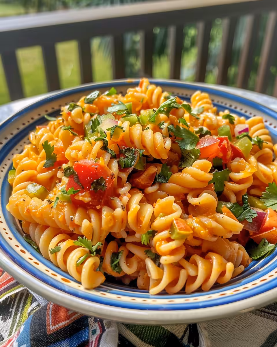 Final Mexican pasta salad served in bowl with garnishing cilantro