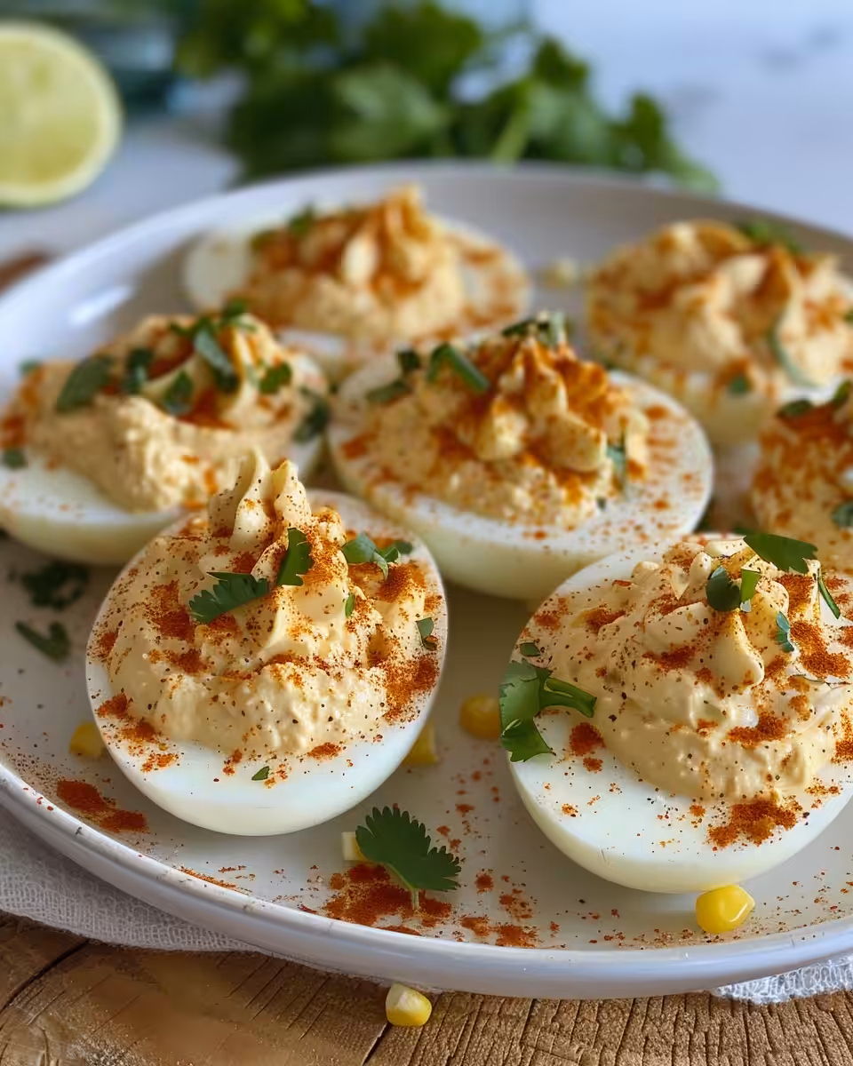 Finished Mexican Street Corn Deviled Eggs ready to serve with garnishes