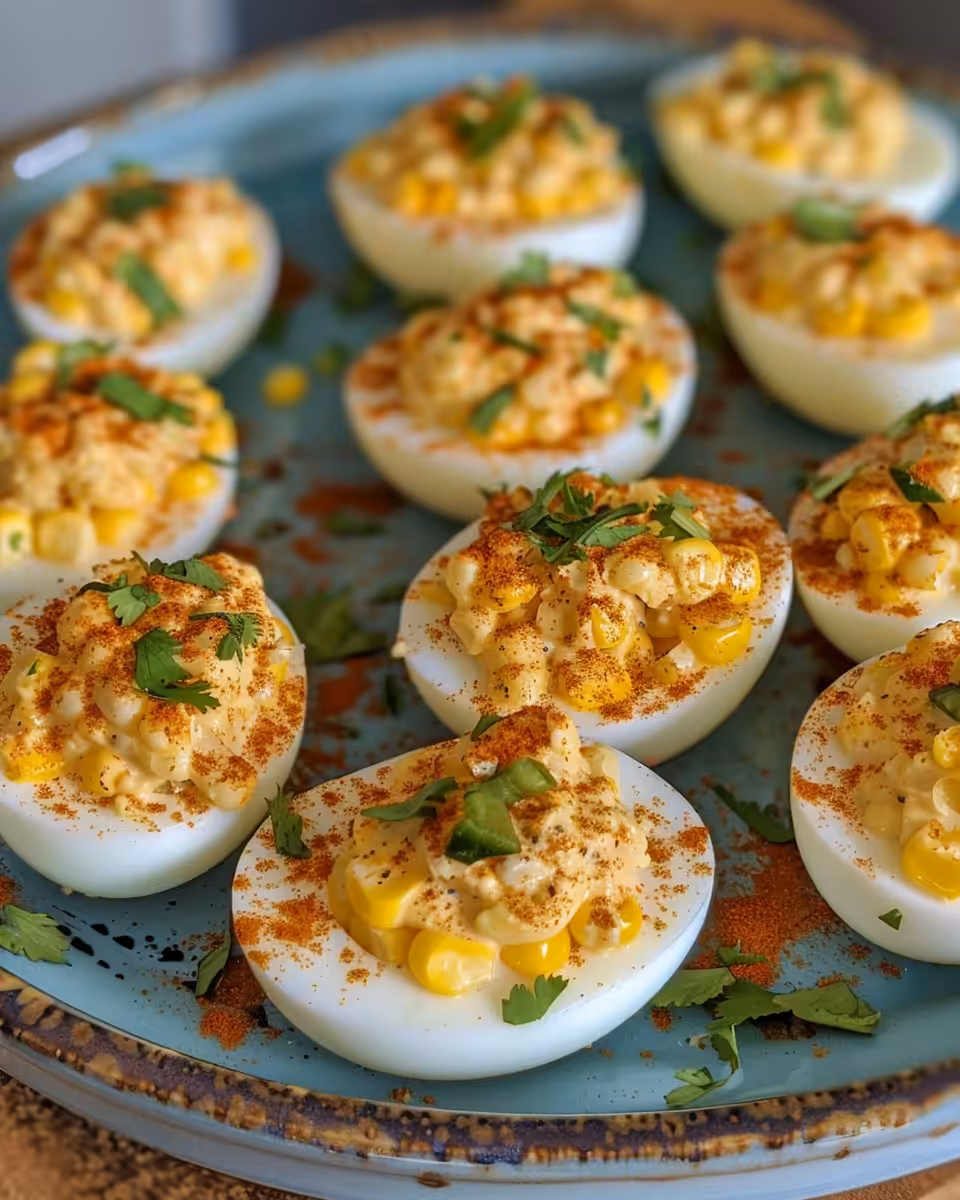 Close-up of Mexican street corn deviled eggs on plate