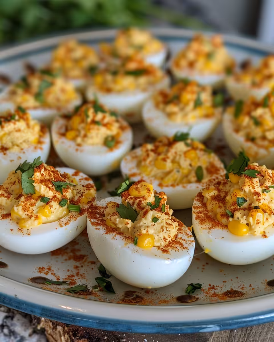 Plated Mexican street corn deviled eggs ready to serve