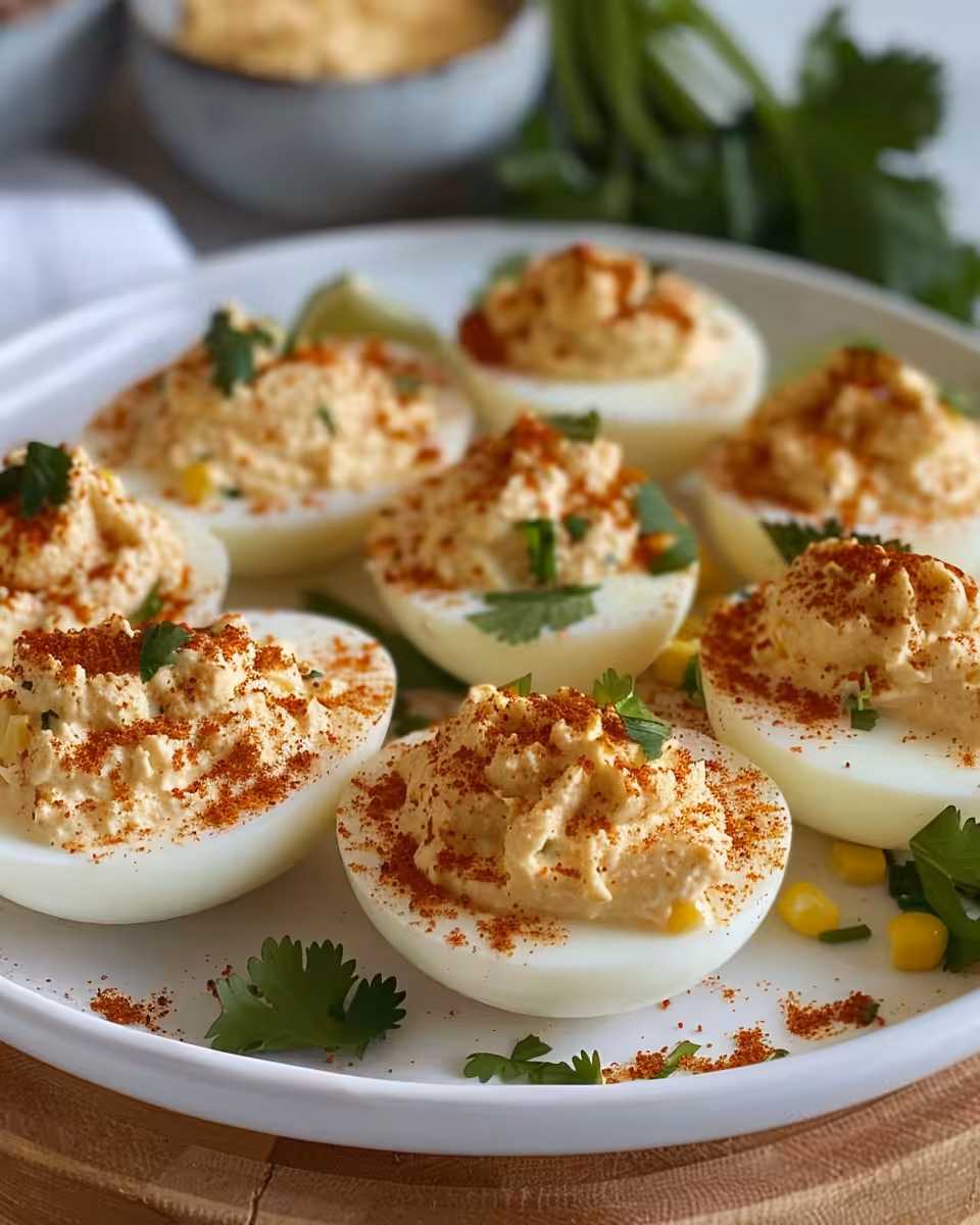 Close up of Mexican Street Corn Deviled Eggs plated and ready to eat