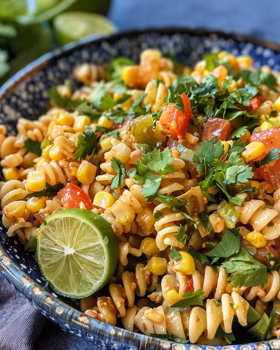 Served Mexican Street Corn Pasta Salad with cotija cheese and cilantro garnish
