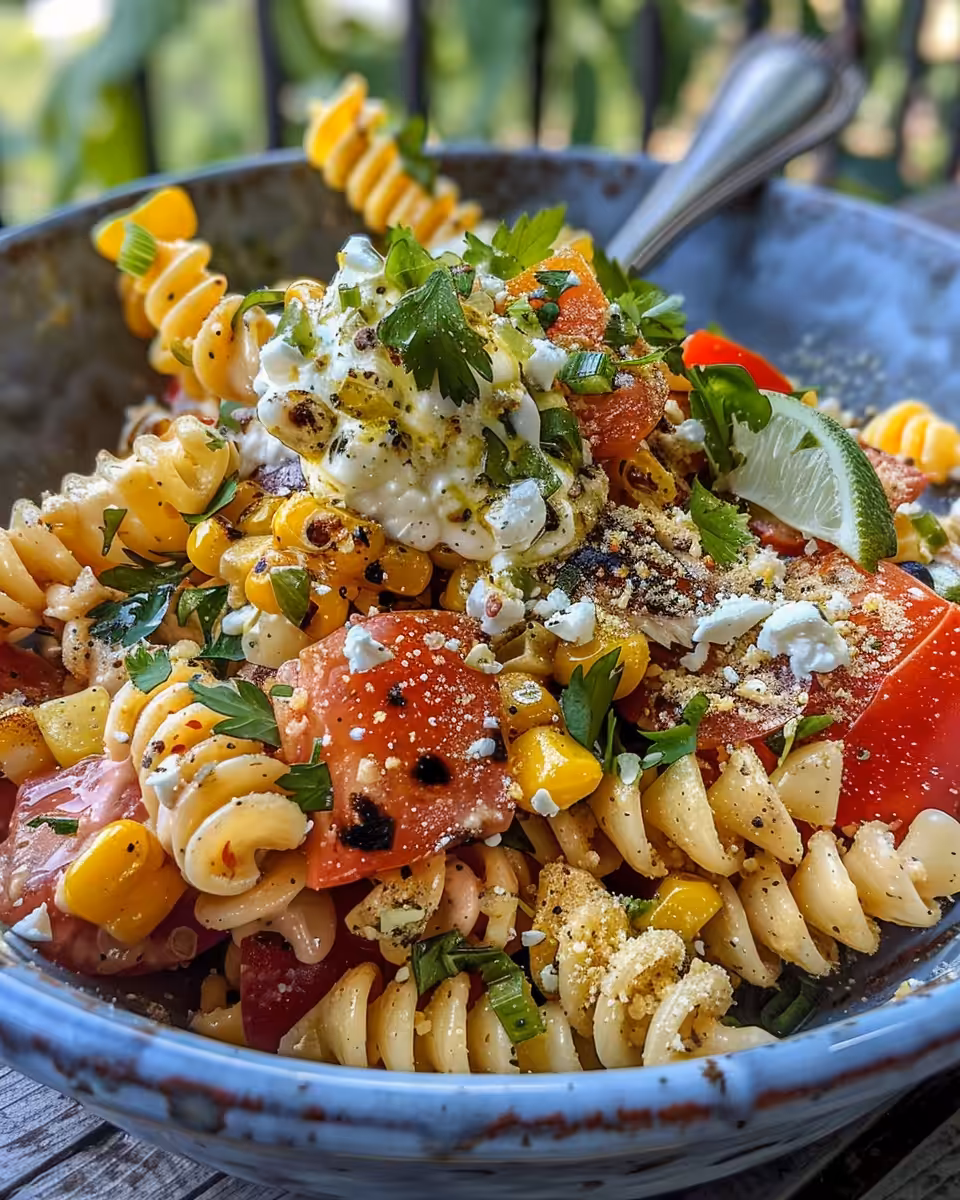Ready to serve Mexican street corn pasta salad plated