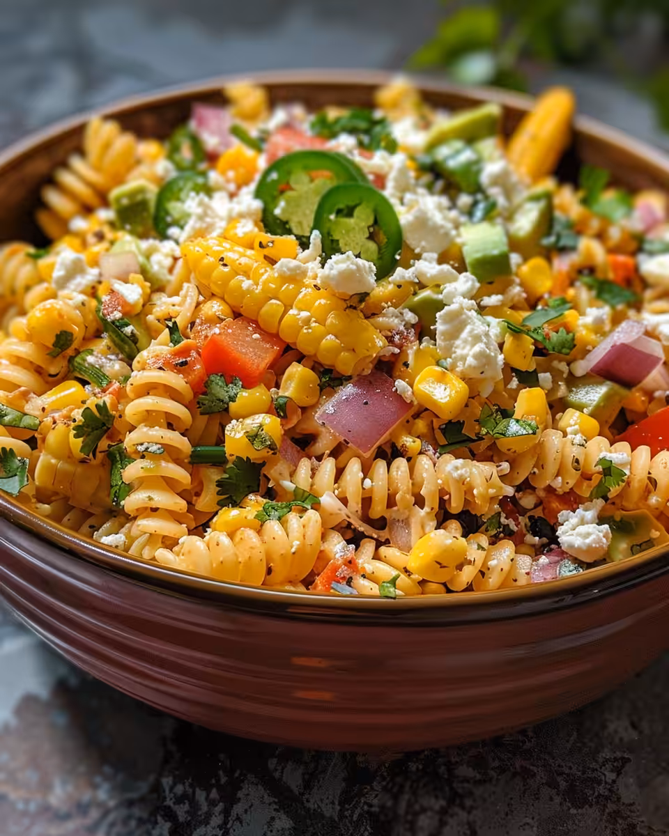 Mexican street corn pasta salad fresh in bowl with vibrant colors
