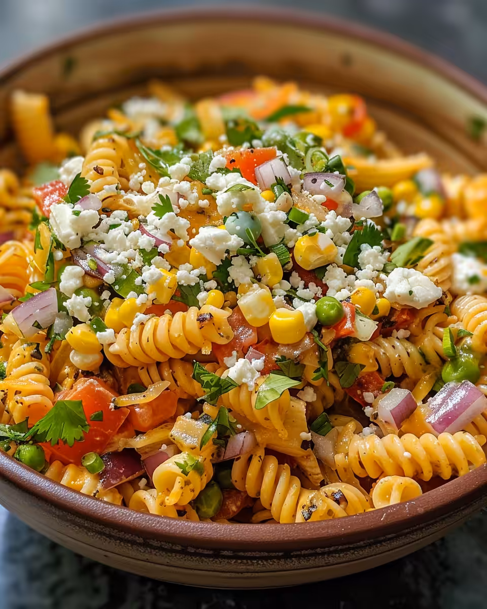 Plated Mexican street corn pasta salad garnished with cotija cheese and herbs