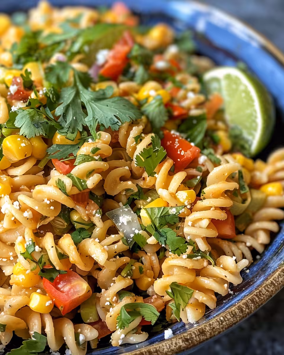 Mexican Street Corn Pasta Salad steaming fresh in bowl