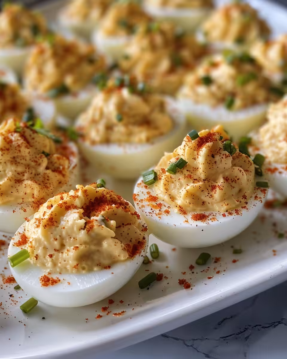 Million dollar deviled eggs finished garnished with paprika and bacon bits