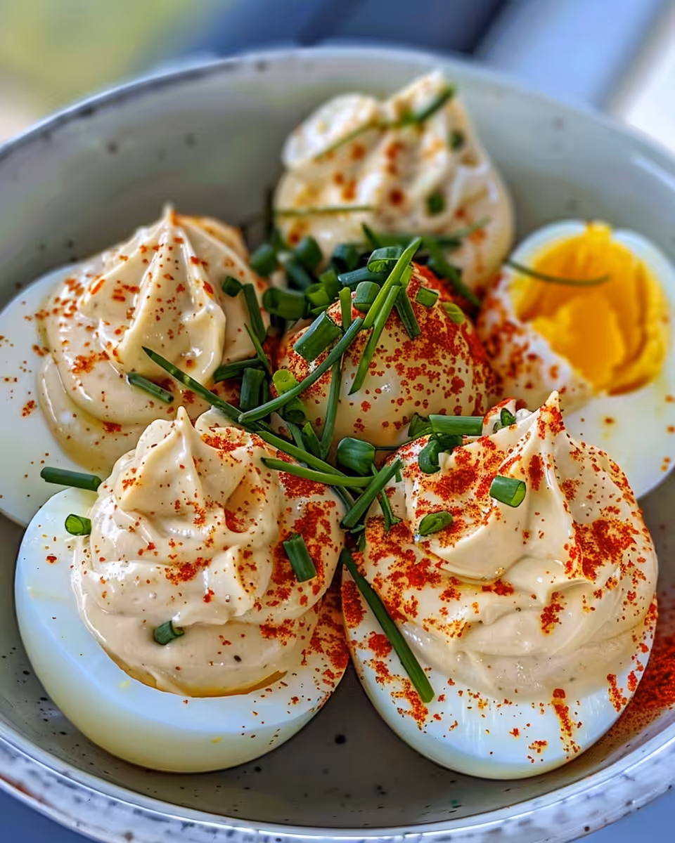 Final plated Million Dollar Deviled Eggs with paprika and bacon bits