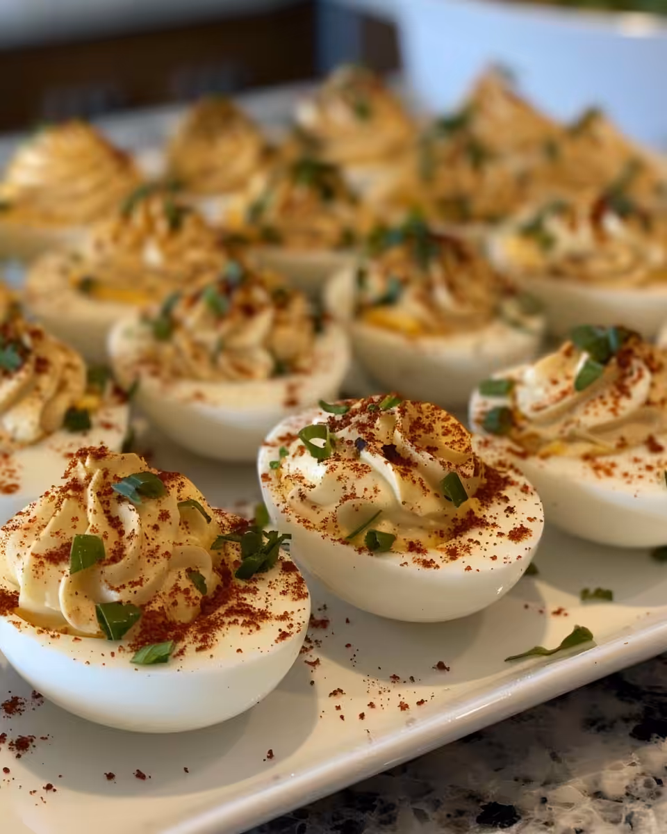 Final presentation of deviled eggs served on a platter