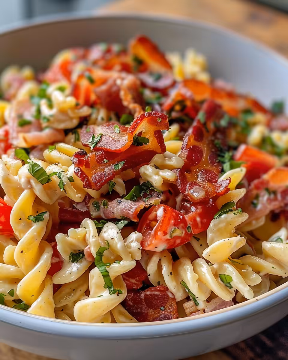 Ingredients prepared for BLT Corn Salad including bacon, corn kernels, tomatoes, and herbs