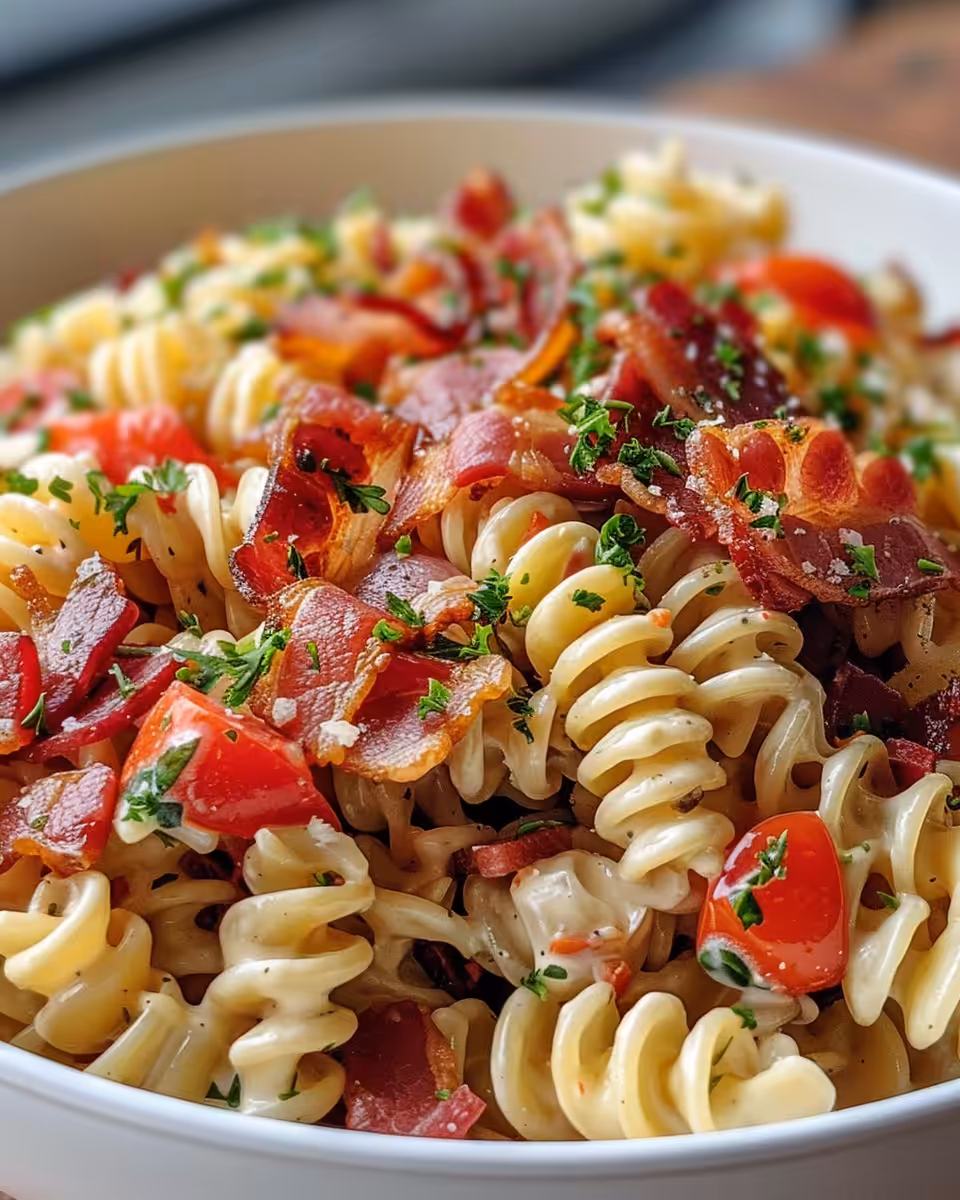 BLT Corn Salad fresh and ready to serve from pressure cooker with bacon and herbs