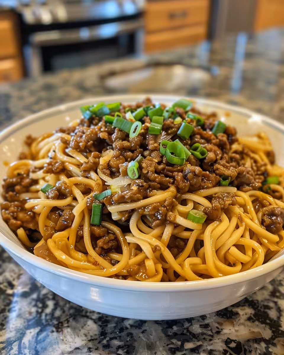 Ingredients including garlic, soy sauce, hoisin, and linguine noodles