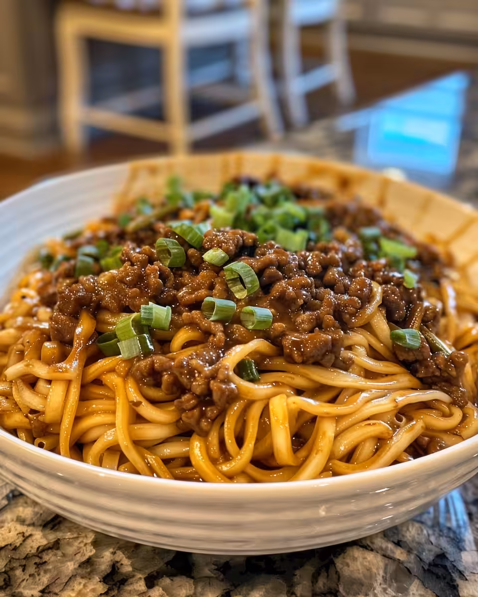 Final plated Mongolian ground beef noodles garnished with green onions and sauce