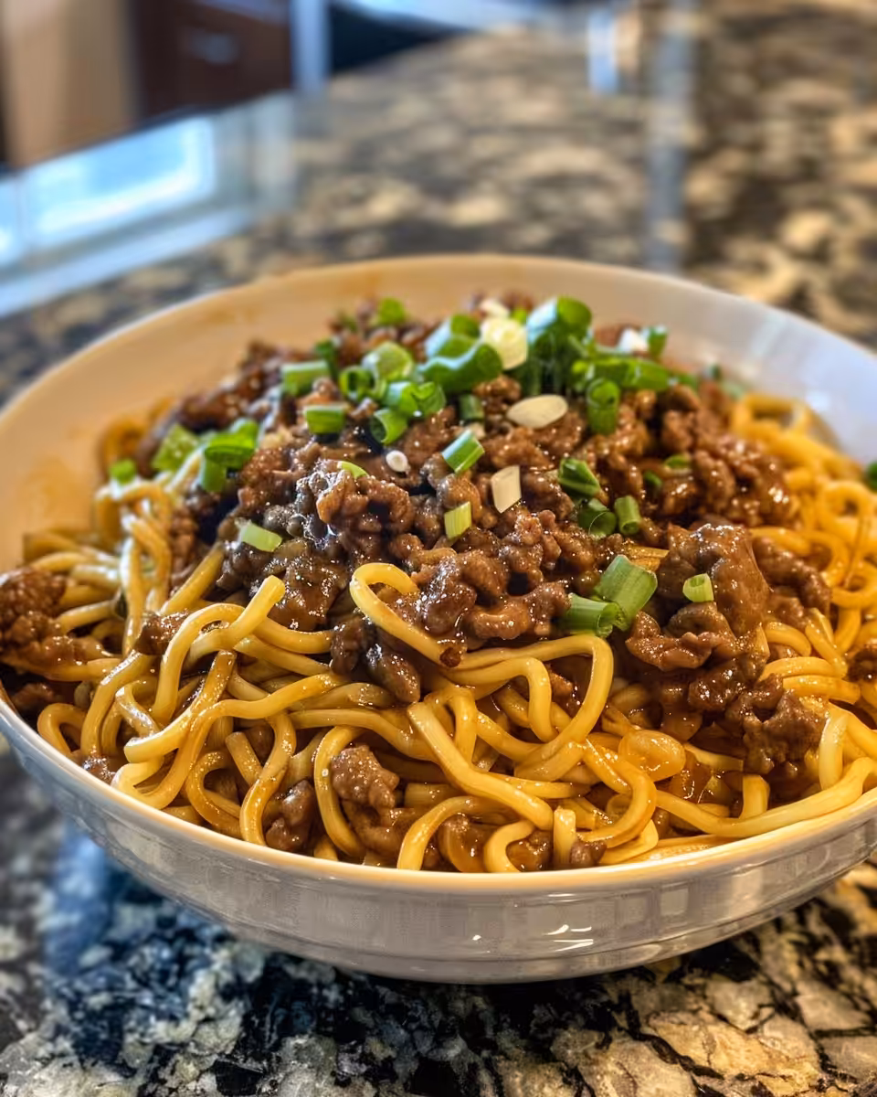 Savory Mongolian ground beef noodles cooking in pressure cooker with steam
