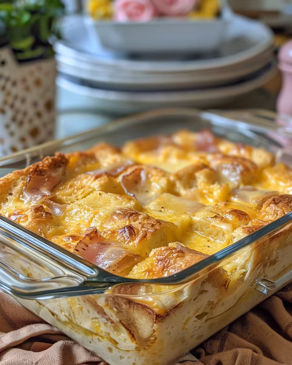 Final baked Monte Cristo breakfast casserole with gooey cheese and golden crust