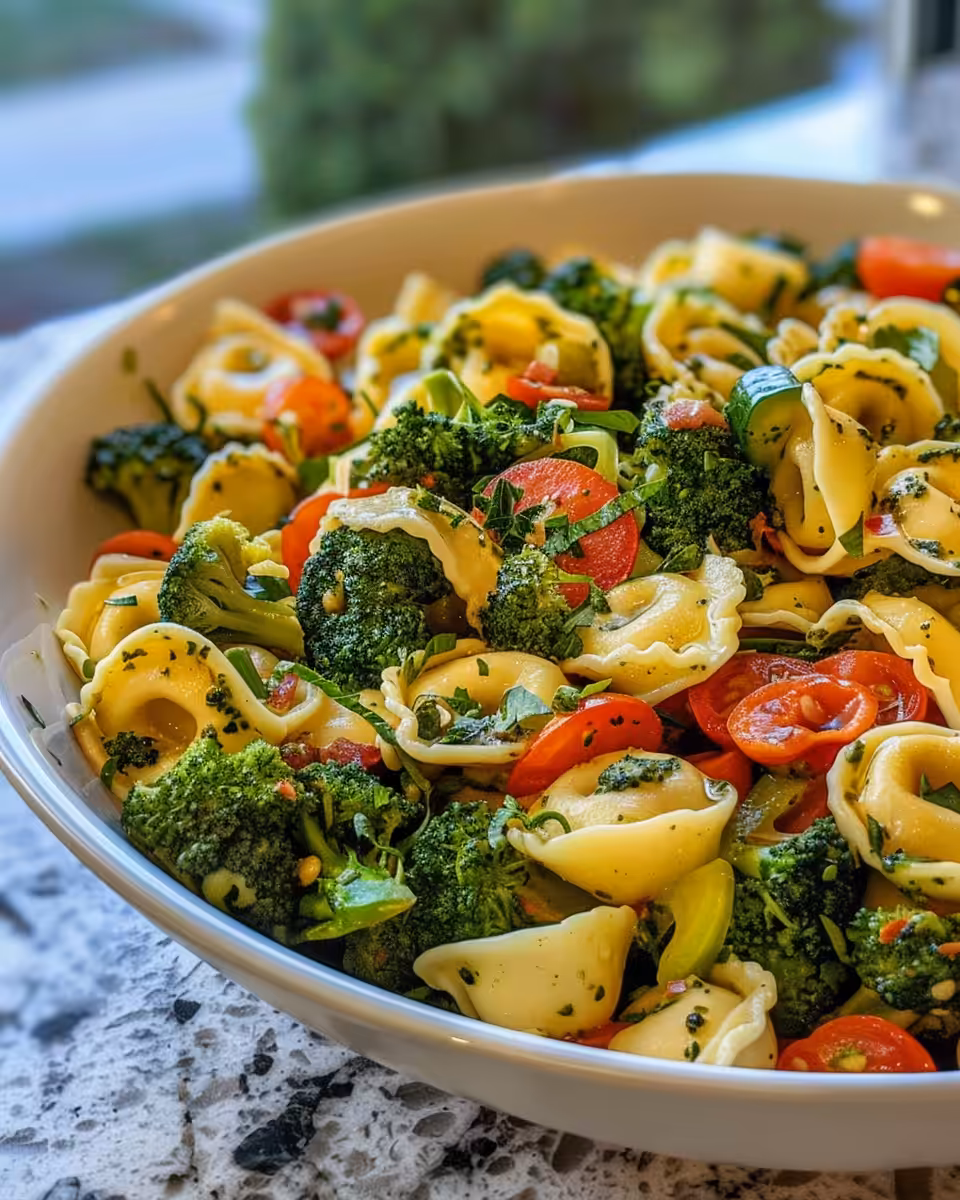 Fresh ingredients for broccoli tortellini salad including cherry tomatoes and red onion