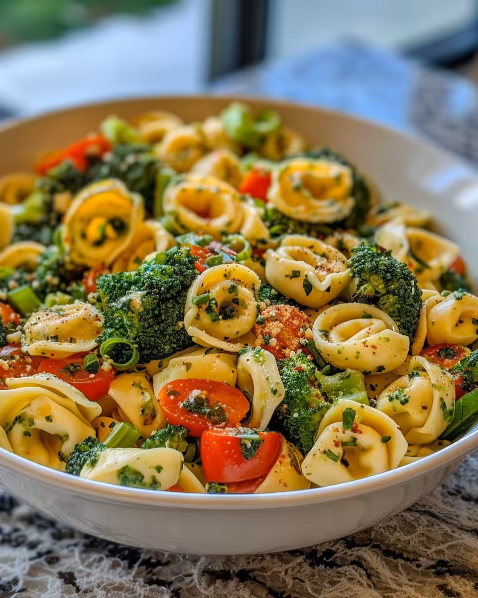 Prepared broccoli and tortellini salad tossed with dressing and parmesan cheese
