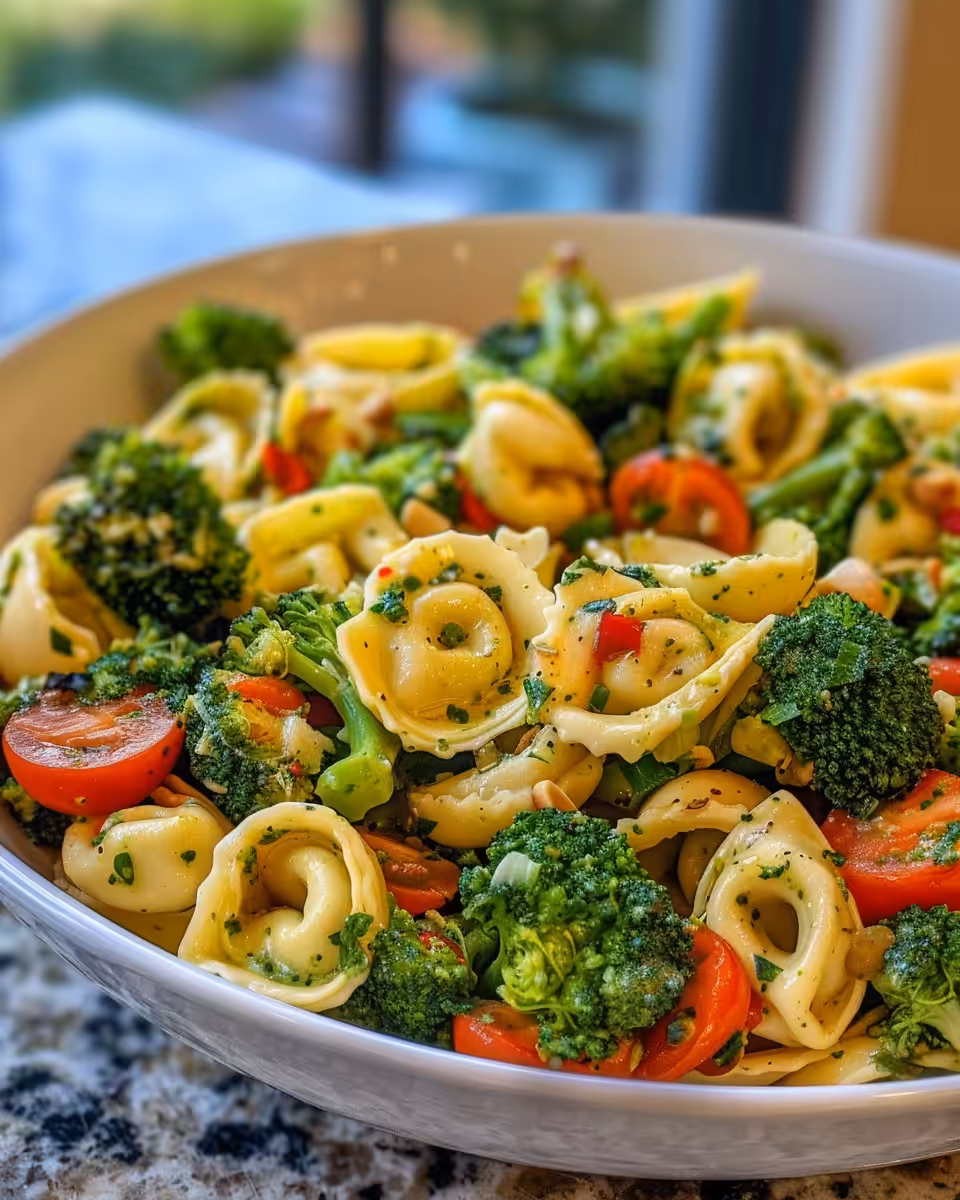 Pressure cooker cooking broccoli and tortellini salad