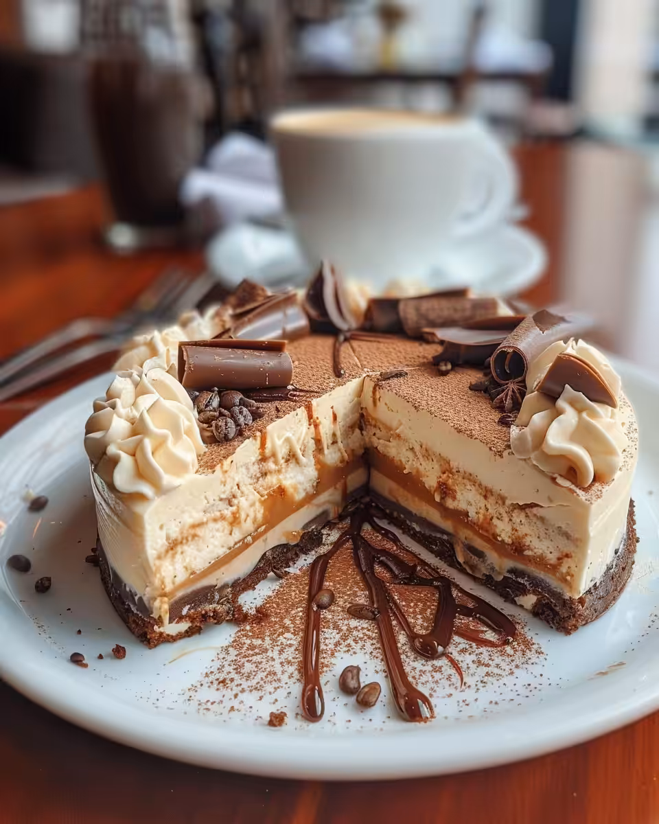 Final Irish Coffee Cheesecake slice served with a dusting of cocoa powder