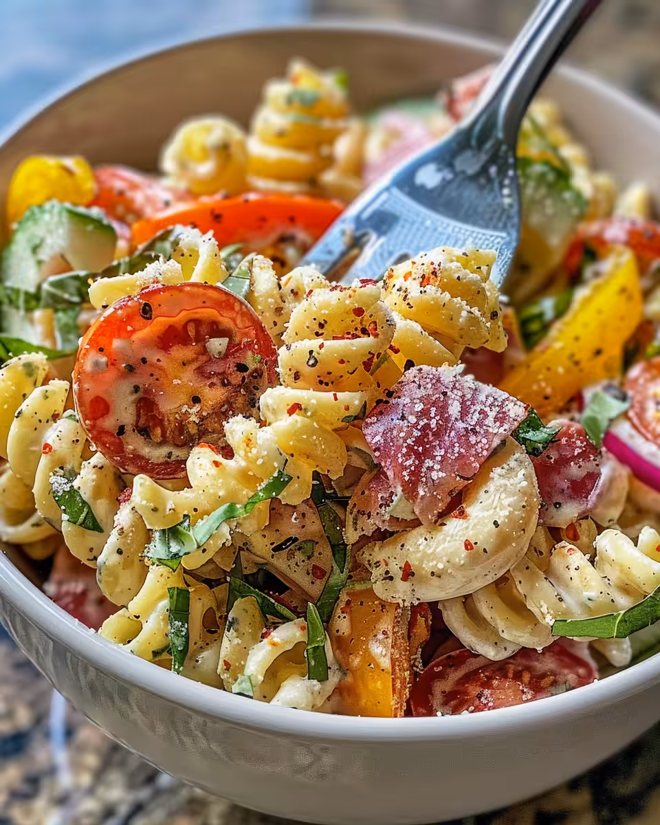 Fresh and vibrant pasta salad in bowl showing steam from cooker