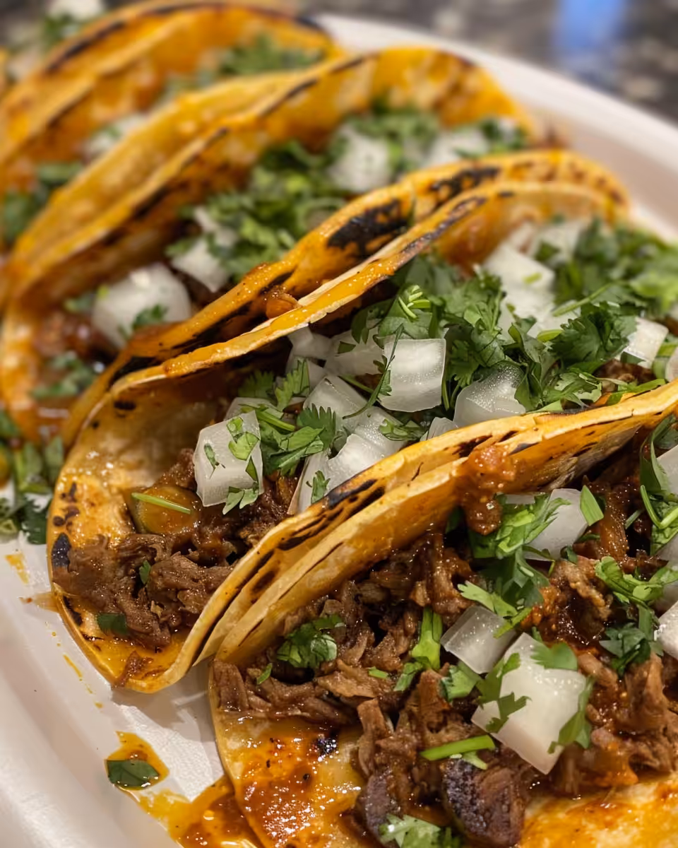 Served birria tacos with shredded beef and fresh toppings ready to enjoy