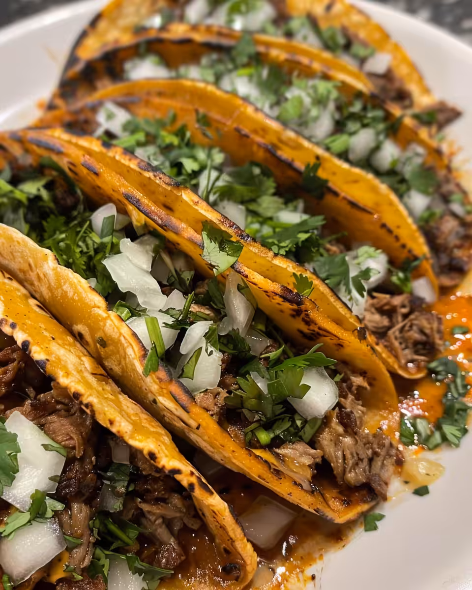 Juicy shredded beef birria tacos fresh and ready to eat inspired by pressure cooker flavors