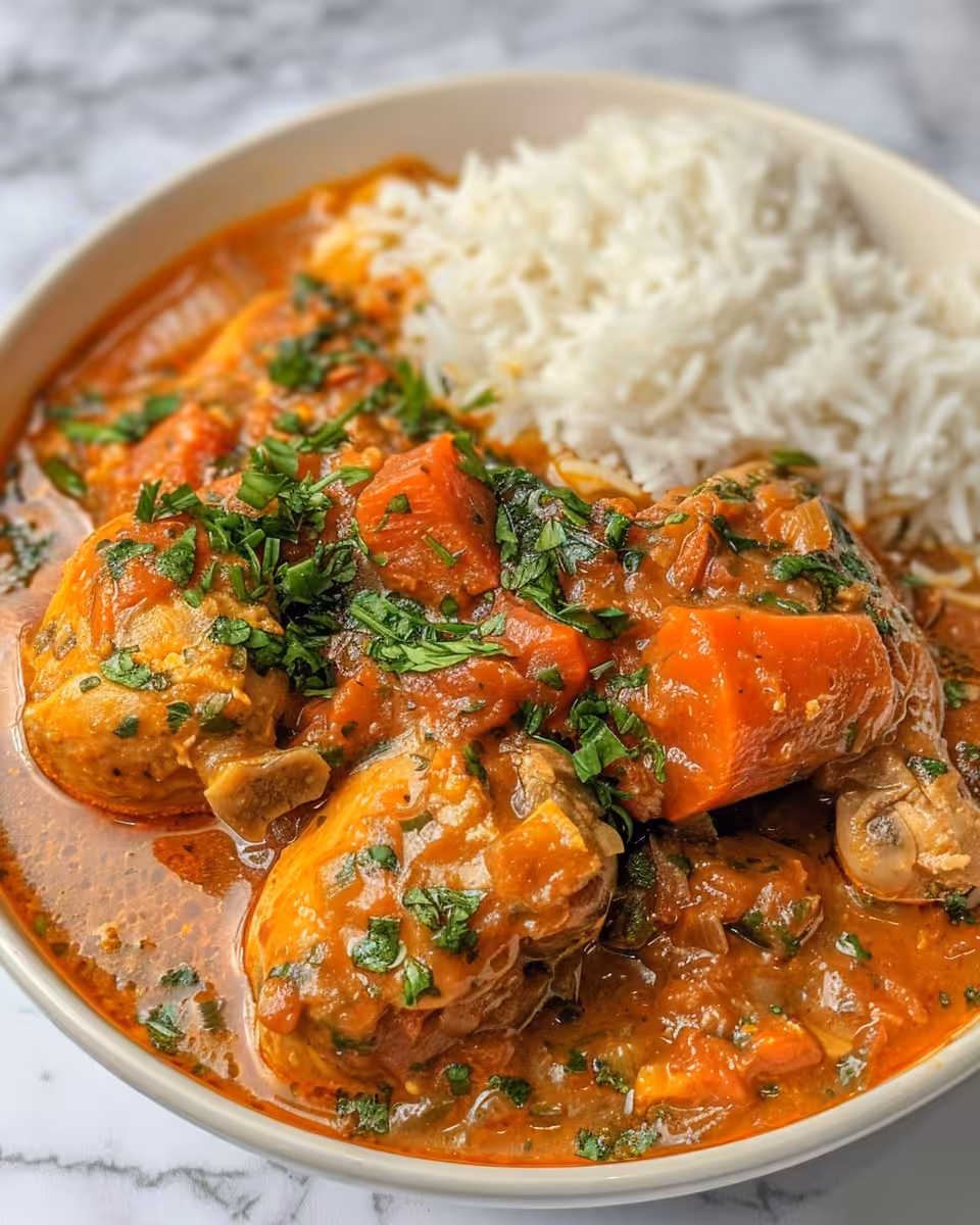 Key ingredients laid out for spicy tomato and pepper chicken stew