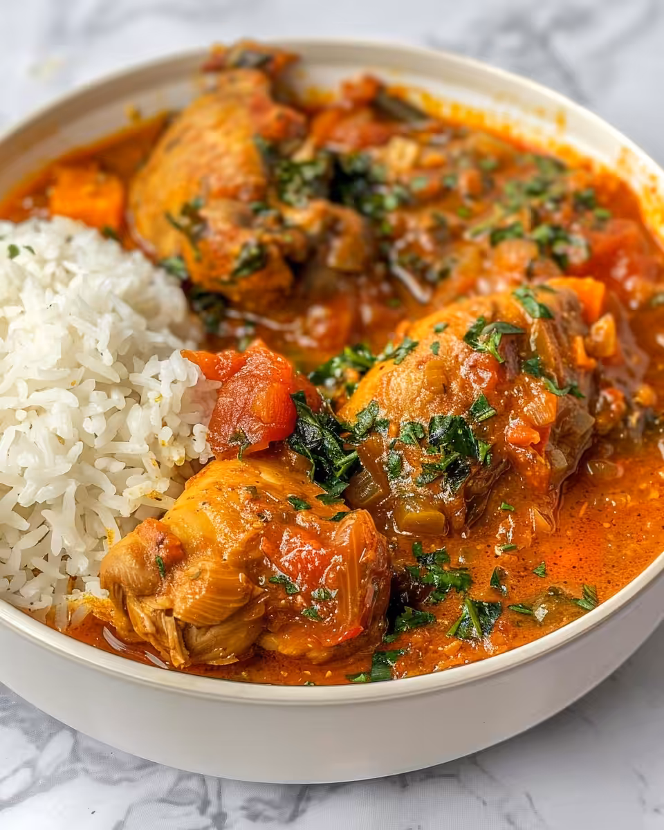 Final plated pressure cooker chicken stew with rice