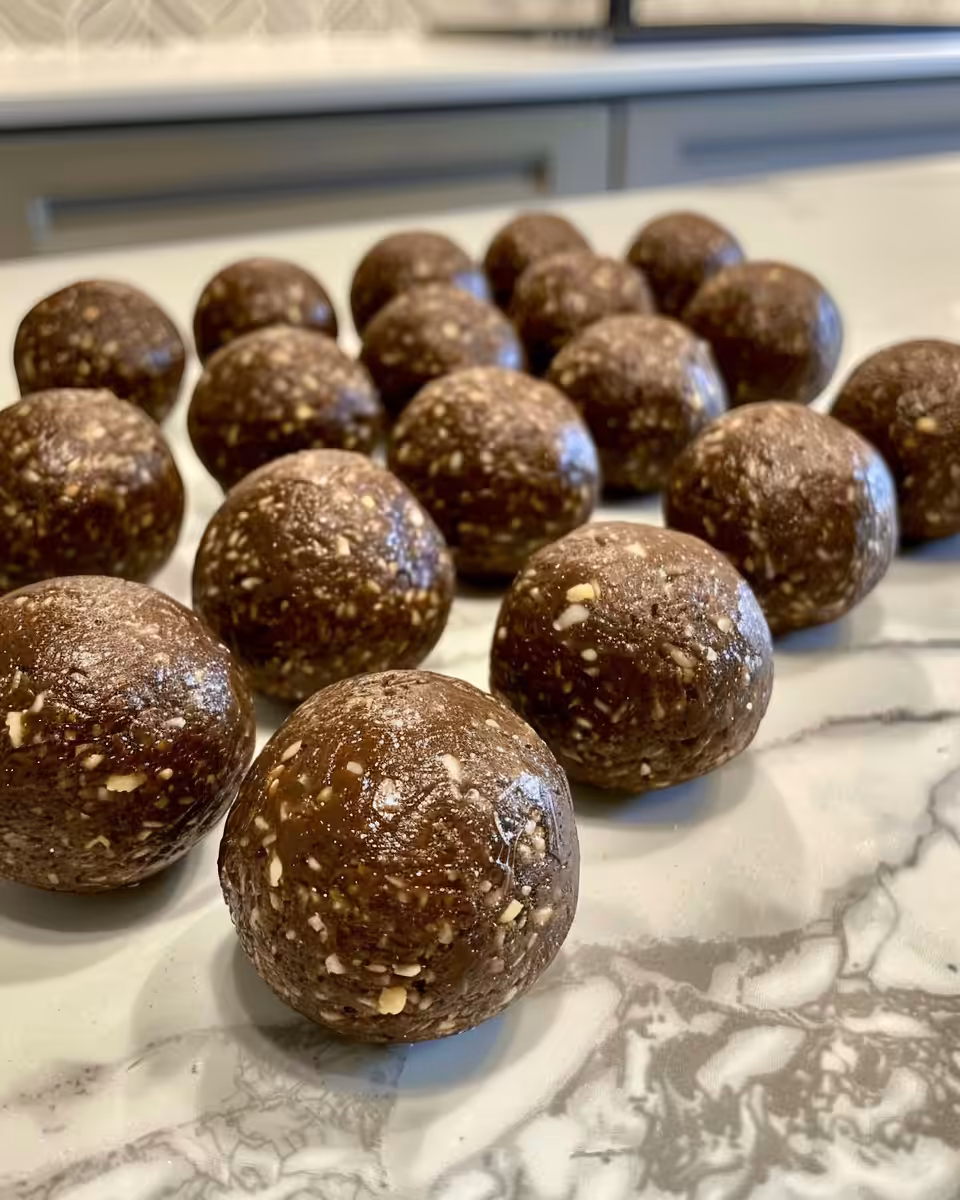 Ingredients and tools needed to make chocolate peanut butter protein balls